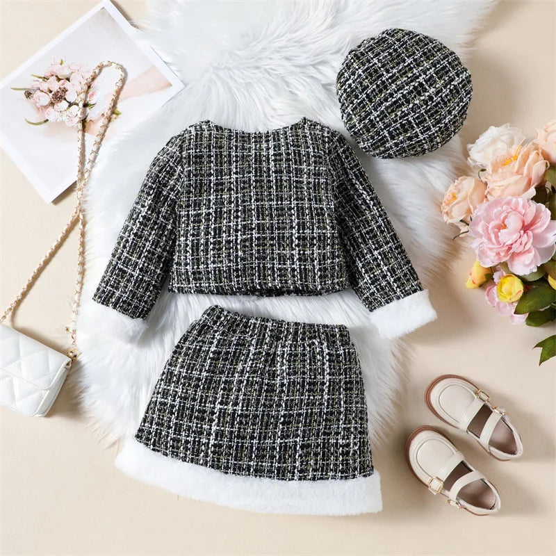 2-6Y Fashion Little Girl Winter Outfit Long Sleeve Button-up Jacket Fuzzy Trim Mini Skirt Beret Hat 3 Pcs Children's Sets