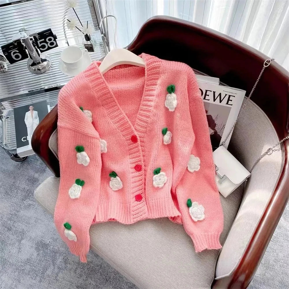 Women'S Fashion Cardigan Spring And Autumn New High Grade Sweater Embroidered 3D Rose Knitted Top