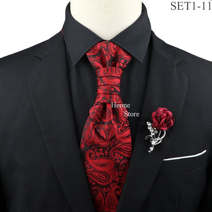 New Men's Premium Paisley Tie Brooch Set Red Black Blue Ajustable Neck Tie Luxury Classic Suit Tuxedo Groom Wedding Accessories