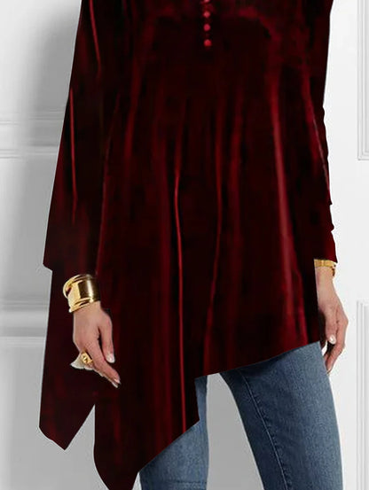 Women's Plus Size Irregular Hem Blouse Autumn Fashion Retro Velvet Long Sleeve T-Shirt Turtleneck Casual Loose Asymmetrical Top