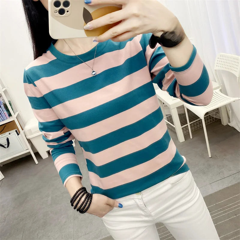 Autumn Loose Pure Cotton Long Sleeve T-shirt Women Clothing Middle-aged Mom Base Shirt Striped Top