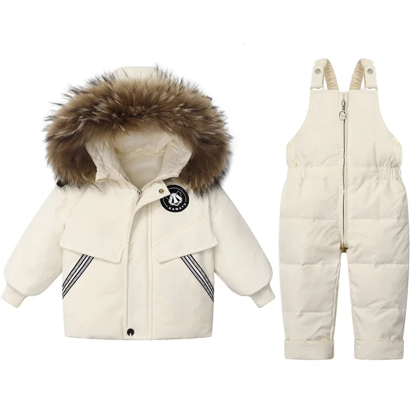 Children Down Jacket Clothing Sets -30 Degrees Winter Girl Duck Down Jacket + Overalls Kids Warm Suit Toddler Boys Coat Jumpsuit