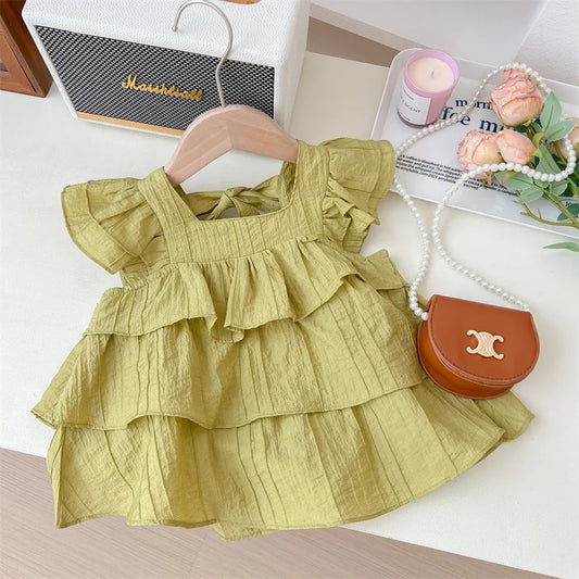 Kids Girl Summer Fly Sleeve Tops 2025 Korean Fashion Solid Color Square Collar Princess Shirts For 1-7Years