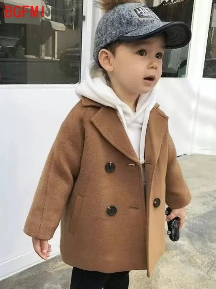 Winter Grid Jackets Boys Girl Woolen Double-breasted Baby Boy Trench Coat Lapel Autumn Kids Outerwear Coats Wool Overcoat