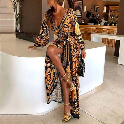 Womens Boho V-Neck Printed Sundress Long Maxi Dress for Summer Loose Party Beach Holiday Casual Long Dress Beach Dress