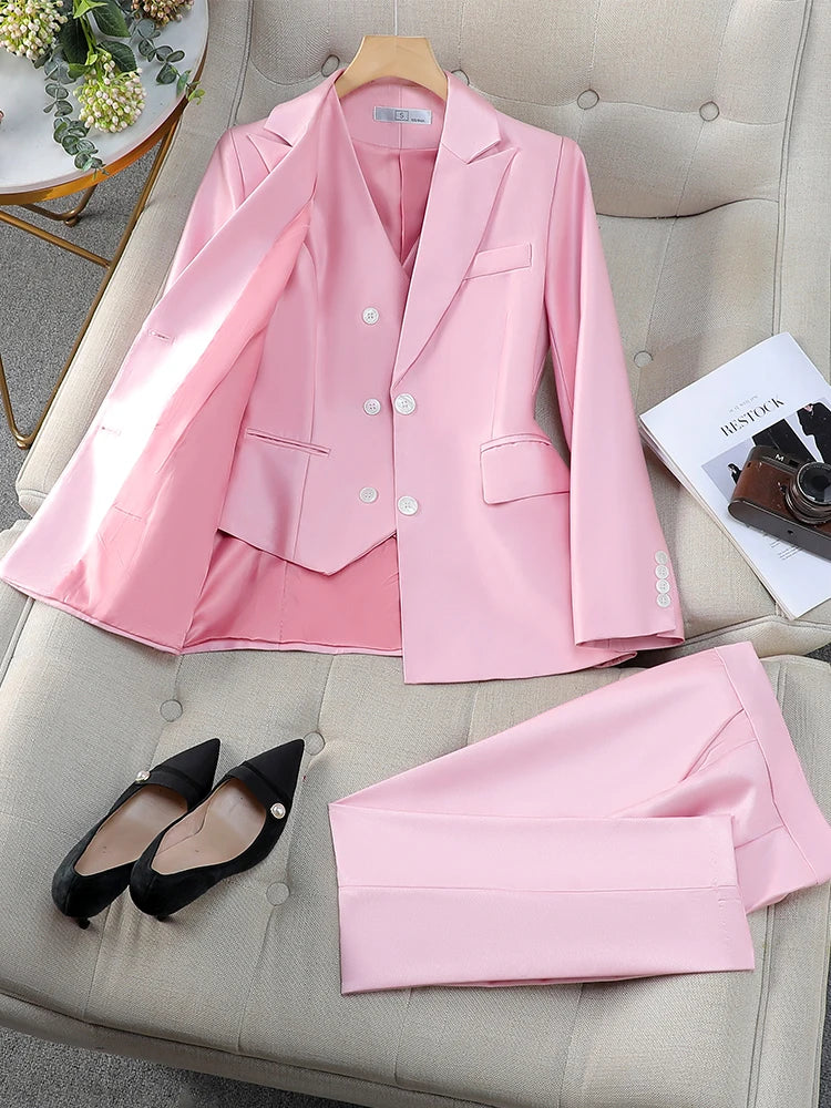 Autumn Winter Women Vest Blazer and Pant Suit Pink Navy Orange Office Ladies Business Work Career Wear Formal 3 Pieces Set