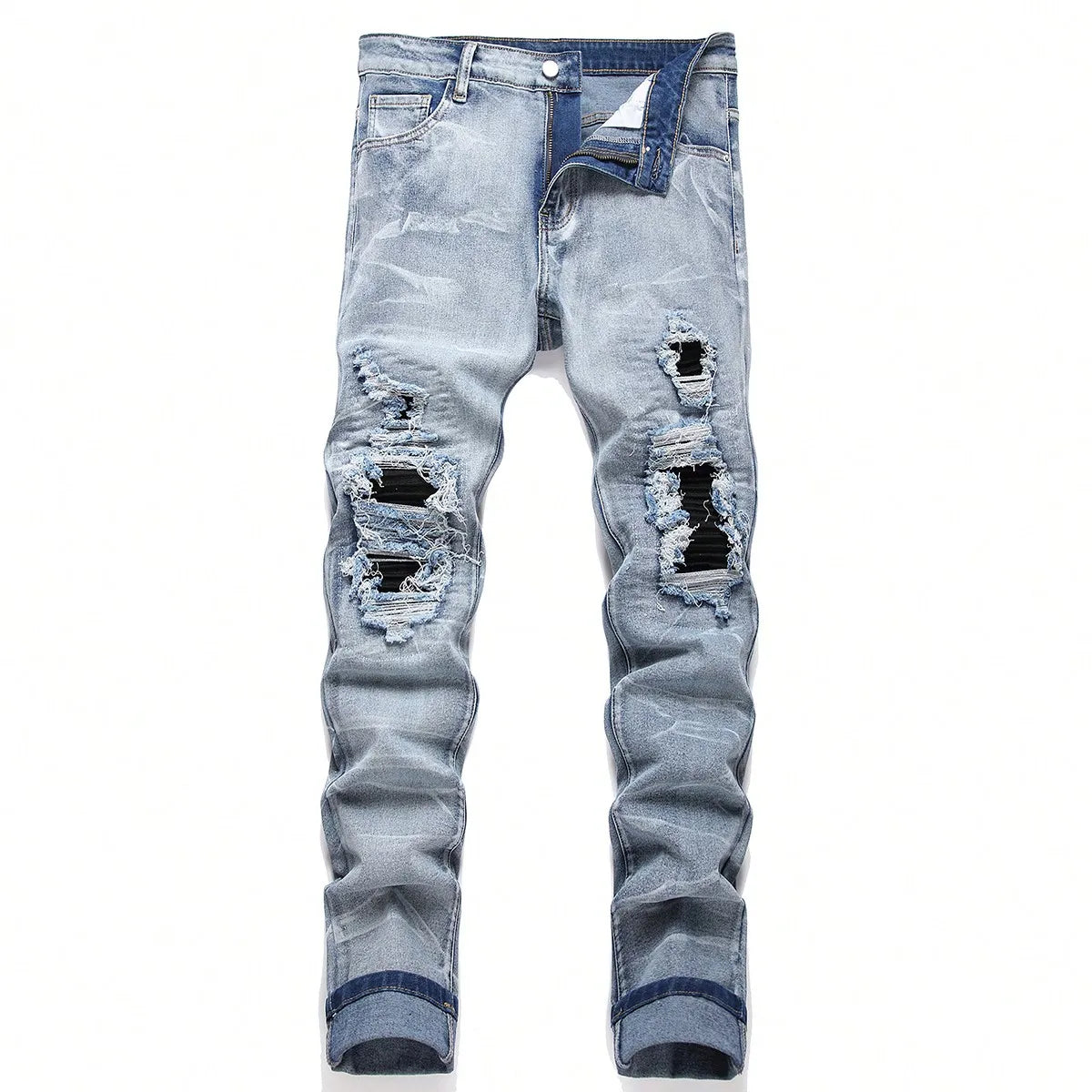 Men‘s Stretchy Denim Jeans Streetwear Tearing Patchwork Holes Ripped Denim Elastic Waist Casual Pants Slim fit Straight Trousers