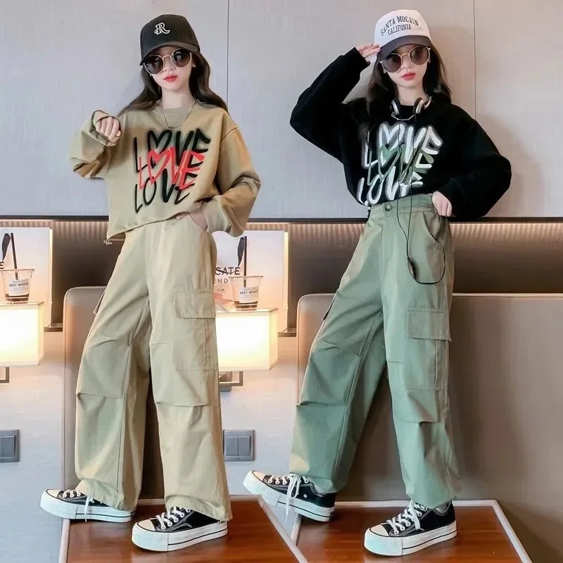 2025 autumn winter Kids tracksuit Children set Girls Clothes loose T-Shirt + wide leg Cargo Pants Teenager 4 5 6 7 10 11 12 year