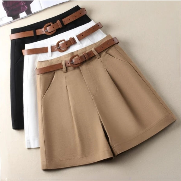 Women's Shorts High Waist Summer 2025 Cotton Straight Short Pants with Belt Office Lady Korean Fashion Solid Shorts for Women