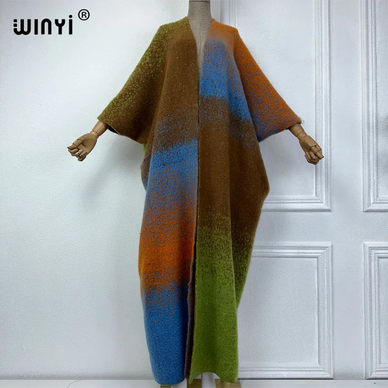 WINYI winter outfits for women Luxury Fur Neutral coat Thick comfortable Warm Gradual print coat poncho long down party dress