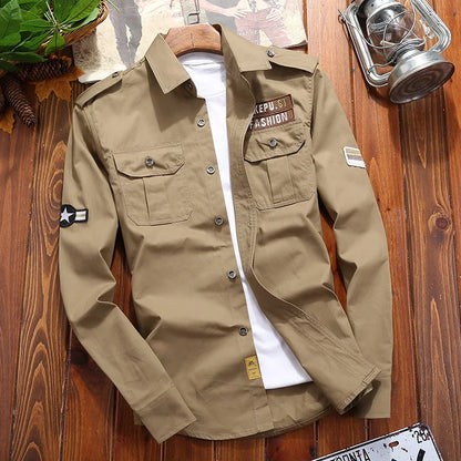 Men's Military Casual Shirt Cotton Khaki Retro Slim Fit Pocket Long Sleeve Streetwear