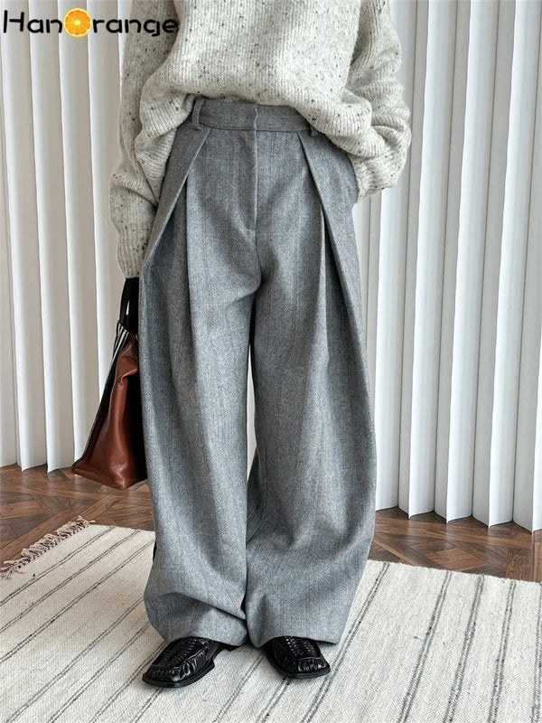 HanOrange Heavy Weight Winter Retro Herringbone Wool Pressed Double Pleated Trousers Women Wide Legs Pants Gray/Brown