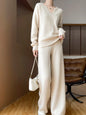 Women's Sweater Pocket Pullover Pants Suit 100% Merino Wool Knitwear V- Neck Cashmere Casual Set Solid Long Sleeve Autumn Winter