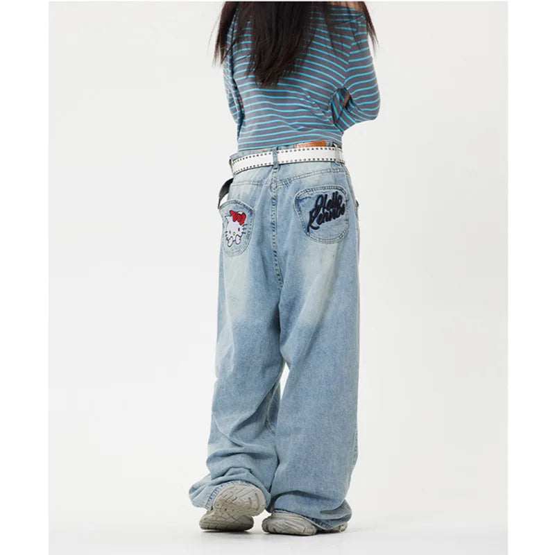 Sanrio Hello Kitty Y2k Baggy Jeans High Waist Wide Leg Pants Women American Street Retro Femme Hello Kitty Stuff