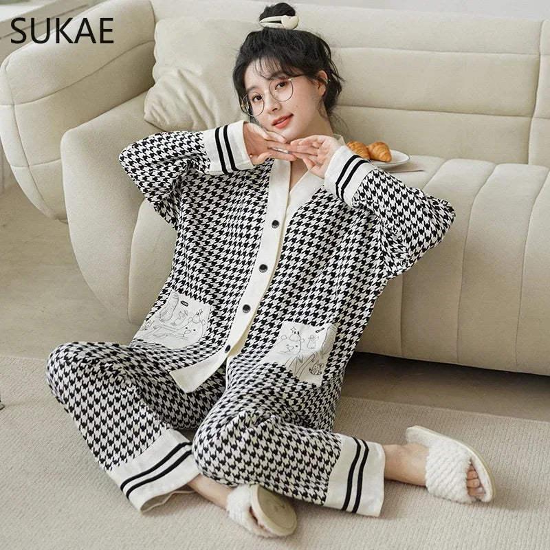 SUKAE New M-5XL Autumn Winter New Cotton Women Pajamas Lady Loungewear Kimono Cardigan Long Sleeves V-neck Homesuit