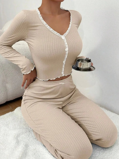 Autumn Winter Homewear Pajamas Set for Women Long Sleeves Shirt Trousers 2 Pieces Sexy Lace Pijamas Sleepwear Loungewear