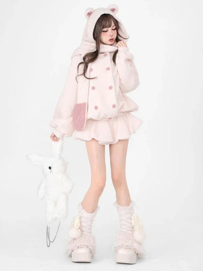 Winter Warm Kawaii Two-piece Set Women Wool Korean Elegant Skirt Suit Japanese Sweet Hooded Coat + Lolita Party Mini Skirt