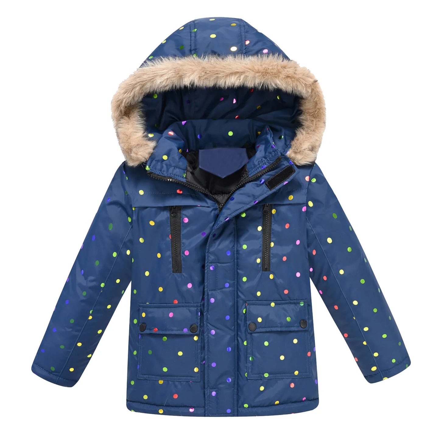 Autumn Winter Girls Jacket Keep Warm Fur Collar Fashion Prints Little Princess Coat Hooded Zipper Girls Outerwear Kids Clothes