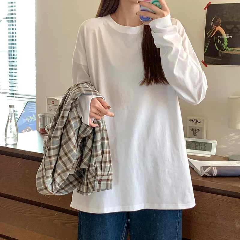 Trendy White Base Layer Long Sleeve T-shirt Women's Loose Fit Crew Neck Autumn New Style Student Top