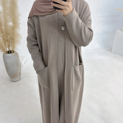 Winter Knitted Open Abaya 2 Piece Set Kimono + Sleeveless Dress Muslim Sets Warm Abayas for Women Dubai Luxury Islamic Outfits