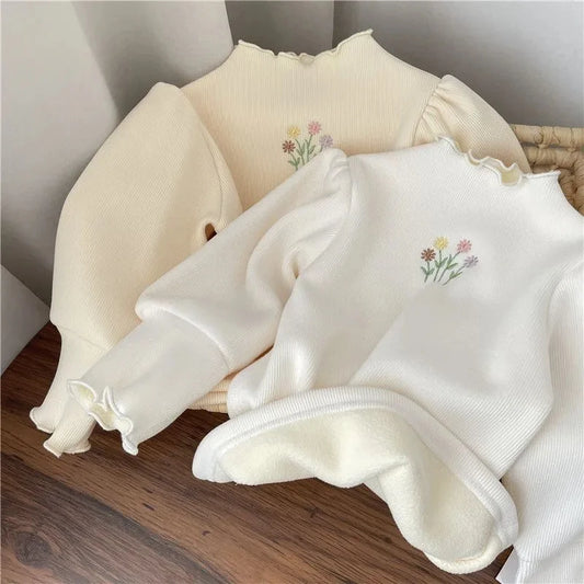 Baby Girls Top Winter Kids Warm Thickening Sweater Children Puff Sleeve Flower Embroidery Bottom Shirt 1-6 Years Casual Clothing