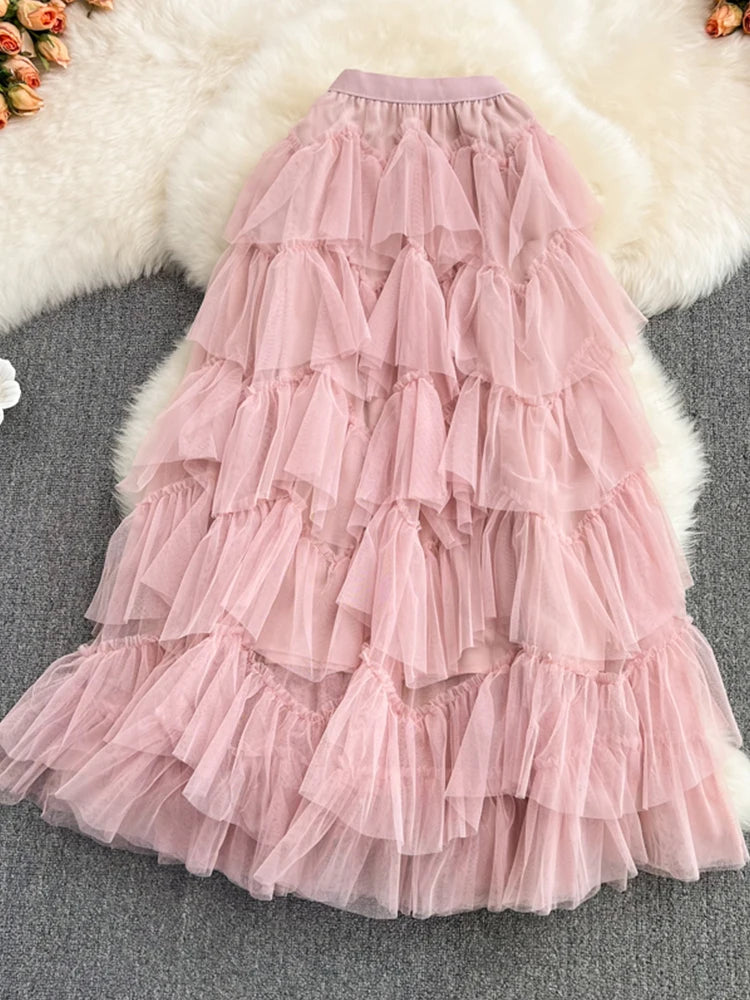 Tutu Tulle Long Skirts Womens Spring Korean Solid A Line High Waist Mesh Tiered Maxi Skirt Female Faldas Aesthetic