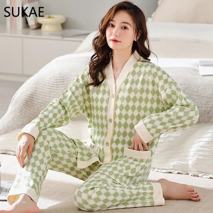 SUKAE New M-5XL Autumn Winter New Cotton Women Pajamas Lady Loungewear Kimono Cardigan Long Sleeves V-neck Homesuit