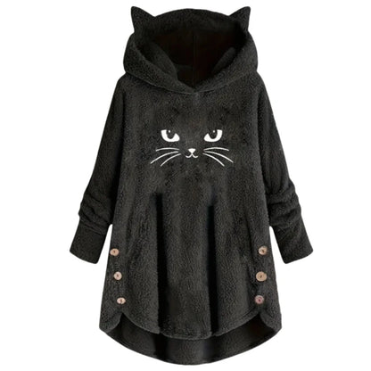 Autumn and Winter Plush Letter Cartoon Print Cat Ears Long-Sleeved Pullover Hooded Loose Casual Street Sweatshirt Women's Warm Top