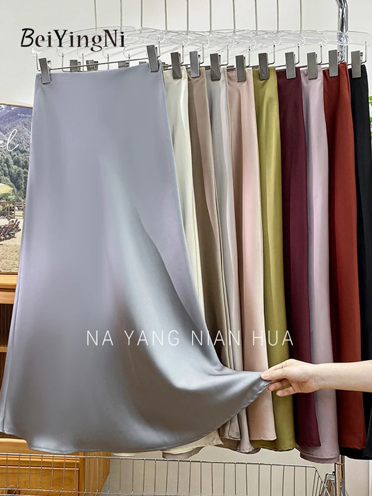 Beiyingni Elegant Satin High Waist Skirts Women Elegant Luxury Korean Long Maxi Mermaid Skirt Casual Office Ladies A-line Faldas