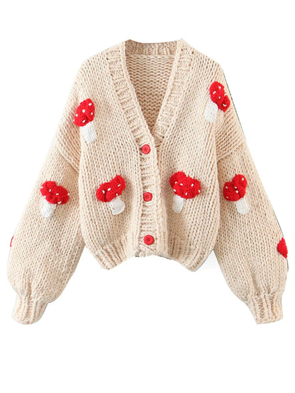 Sweet Hand Made Crochet 3D Mushroom Ball Cardigan Retro Woman V neck Long sleeve Purple Knitting Sweater Knitwear Jumper