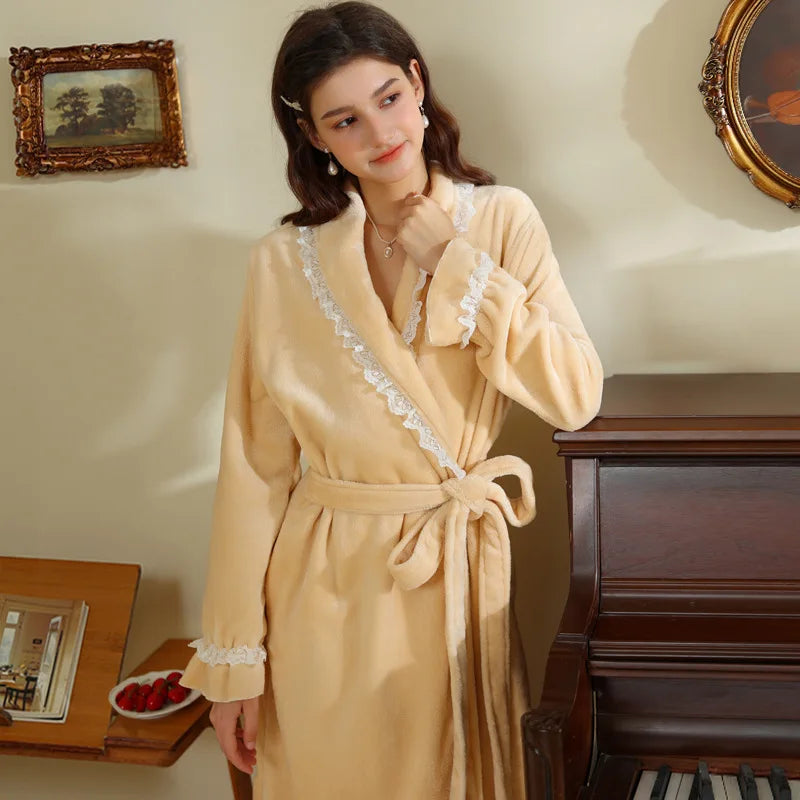 Thickened Flannel Robe Nightgown Women's Autumn Winter Princess Long Bathrobe French Luxury Warm Homewear Bride's Morning Gown