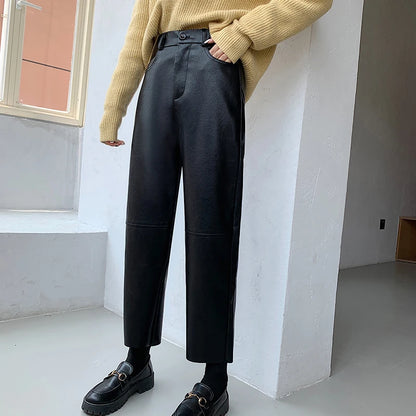 Autumn Winter Women's Leather Trousers High Waist Loose black Brown Straight Leg Pants Classic pu Faux Leather Pants for Women