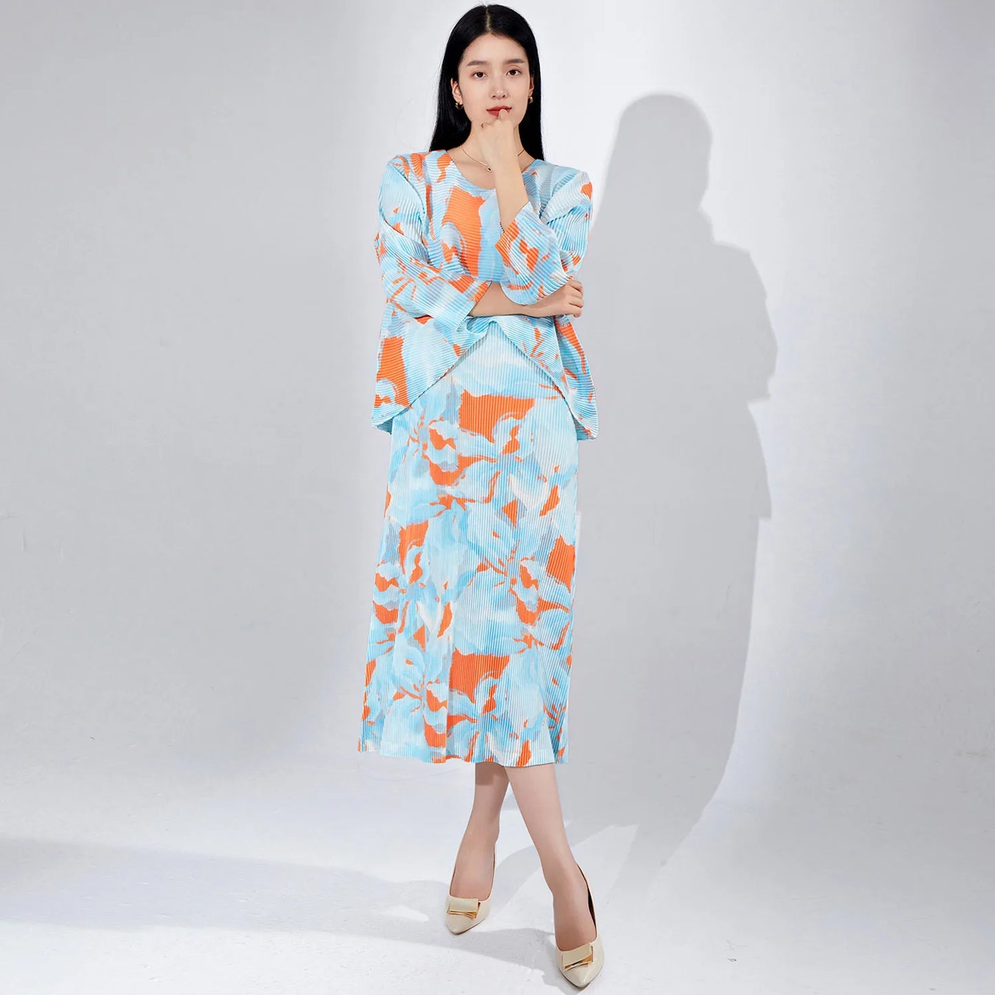 Women's Autumn Fashionable Large Size Suit High-end Printed Shawl Outer Dress MIYAKE Pleated Two-piece Set Dress Sets Elegant