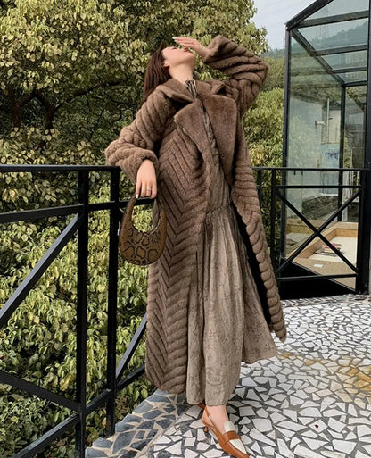 Winter Brown Embossing Wave Strip Pattern Faux Mink Fur Coat CHIC Women Bow Sashes Full Sleeve Loose Warm X-Long Outerwear