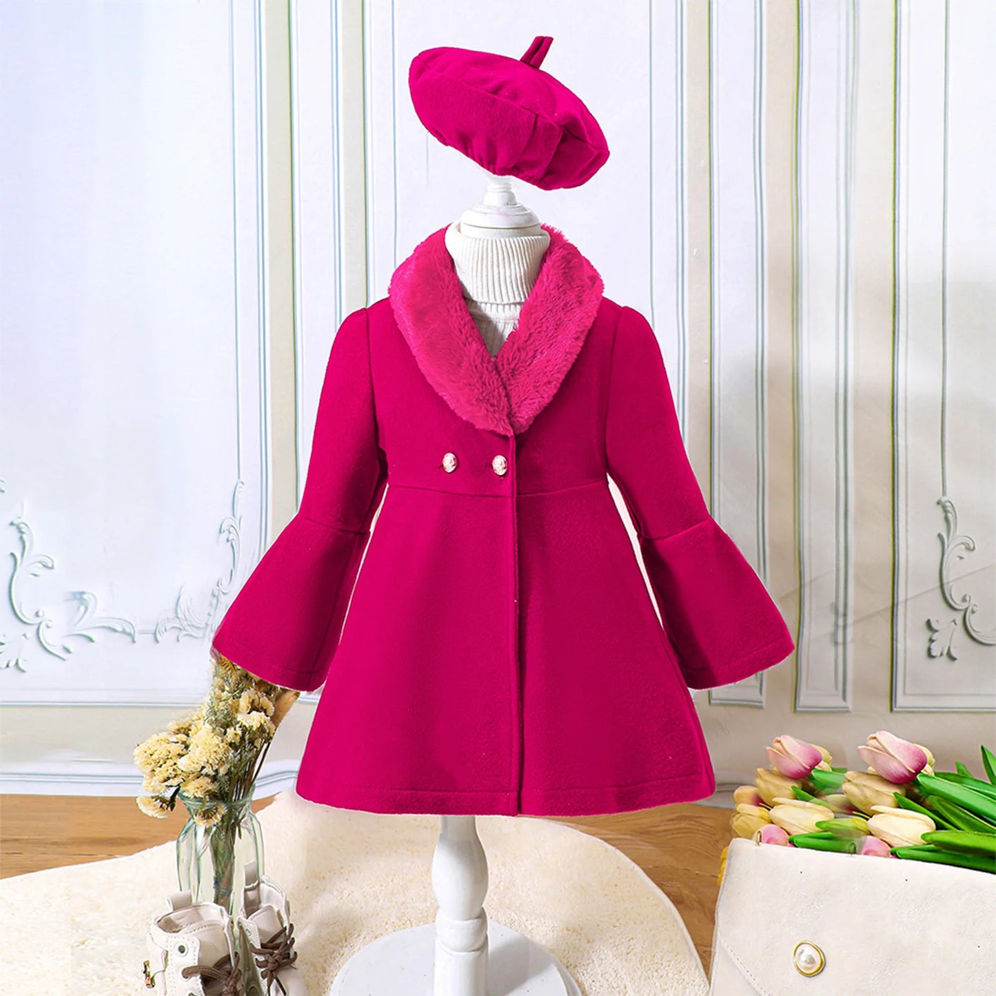 Kids Girls Trench Coat Long Sleeve Furry Collar Warm Peacoat with Beret Hat Set Windproof Jacket Outerwear for Casual Wear