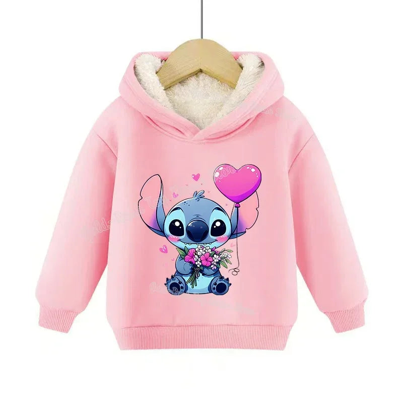 Lilo&stitch Children Hoodie Winter Thicken Warm Pullover Sweatshirt Street Sweater Girl Boy Outdoor Sports Kid Hooded Clothes