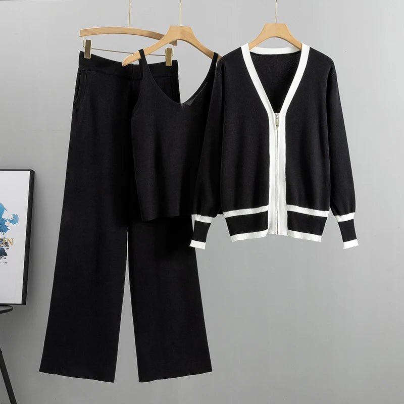 2025 New Fashion 3 Piece Set Women Sexy Vest + Long Sleeve Zipper Cardigan + Elastic Waist Pants Women's Tracksuit Knitted Suit