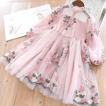 Little Girls Autumn Full Sleeves Dress for Children Party Kids Casual Dress Pink Floral Embroidery Dresses Princess Wear Vestido