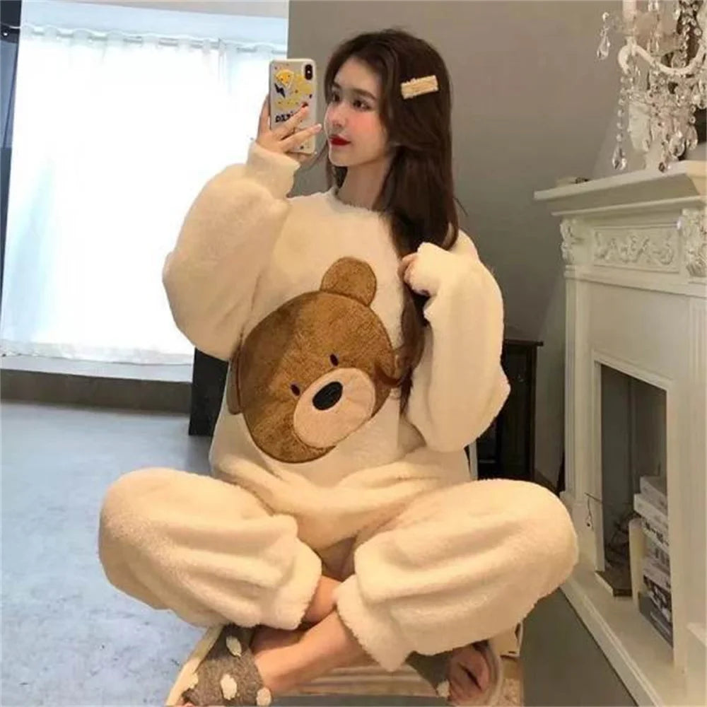 Autumn Winter Pijamas Kawaii Pajama Sets Women Cartoon Sweet Bear  Flannel Sleepwear Girl Pijama Mujer Night Suits Soft Homewear