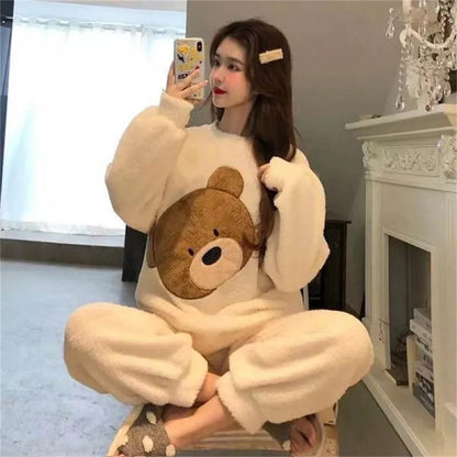 Autumn Winter Pijamas Kawaii Pajama Sets Women Cartoon Sweet Bear  Flannel Sleepwear Girl Pijama Mujer Night Suits Soft Homewear