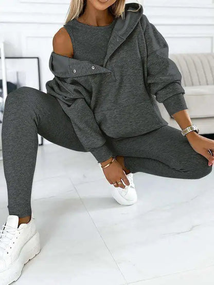 Fashion Hooded Long-sleeved Vest + Sweatshirt Coat + Pants 3-piece Set Women Autumn Winter Solid Color Casual Sports Suit Female