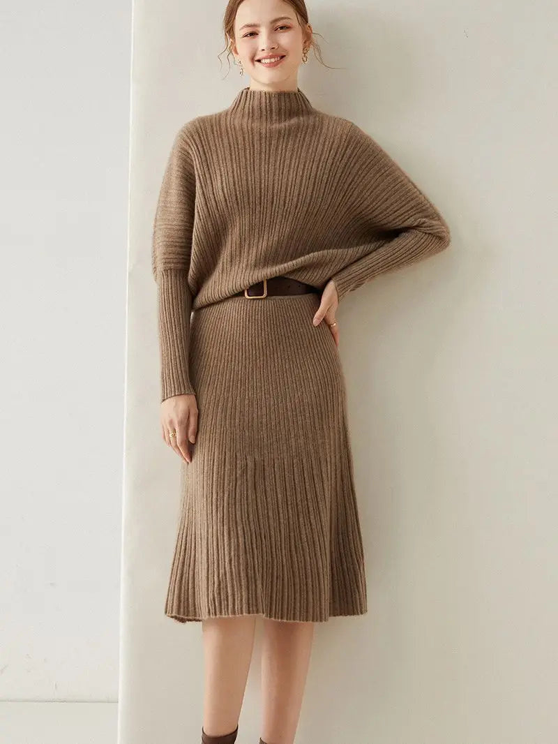 BirdTree Wool Cashmere Sweater Skirt Set, Women's Mock Neck Stripe Loose, Fashion Elegant Knit Suit Spring New