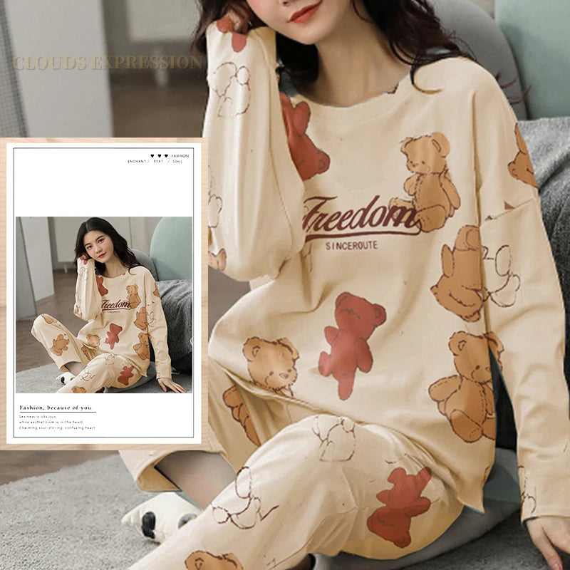 Spring Autumn Size 5XL Women Polyester Pajamas Dots Sleepwear Long-sleeved Homewear Sets Womens Cartoon Nightwear Casual Pijamas