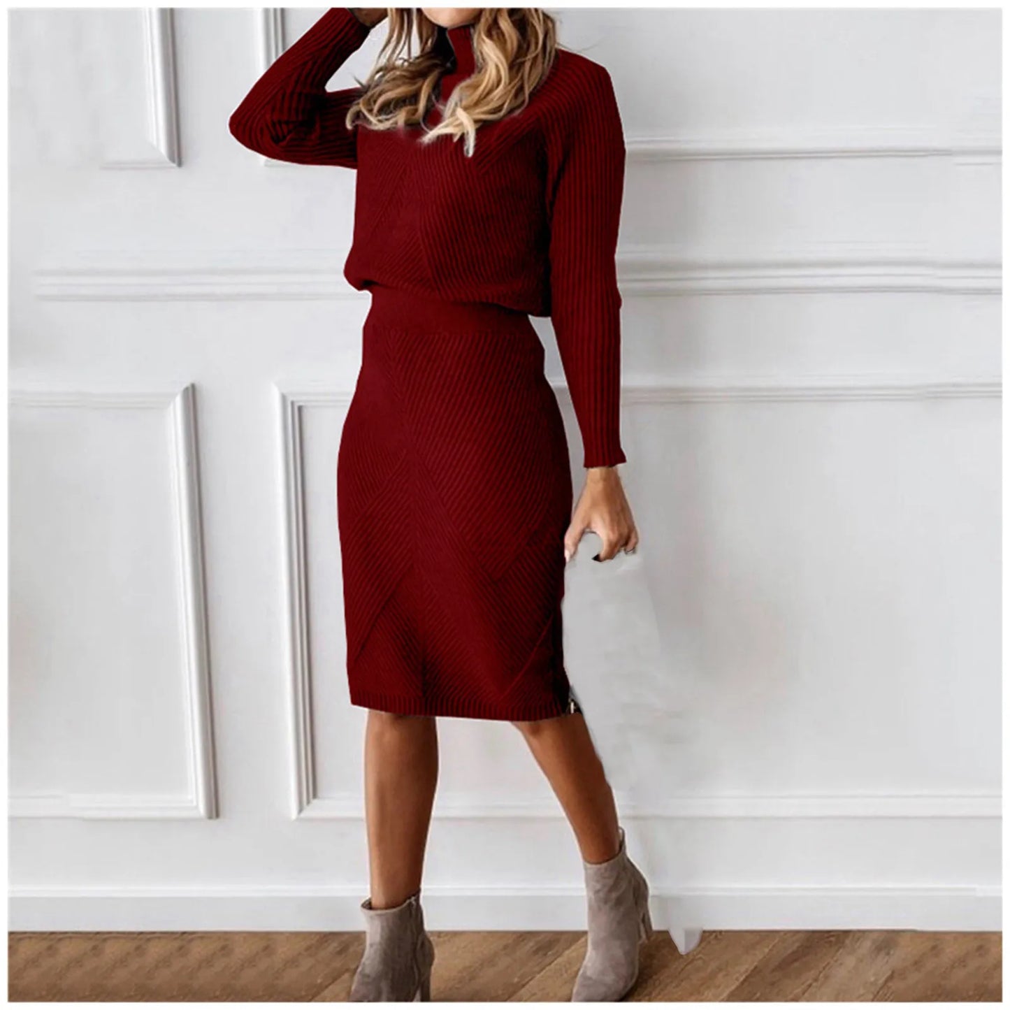 Winter Elegant Women'S Sets Korean Large Knitted Turtleneck Y2k Pencil Skirt Sets 2 Piece Outfit Office New In Matching Sets