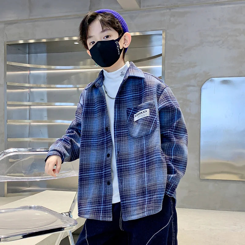 Child Winter Plaid Thermal Shirt For Boy Warm Clothes Top With Pocket Kids Casual Thick Insulated Blouse Age 5 7 9 11 13 14 Year