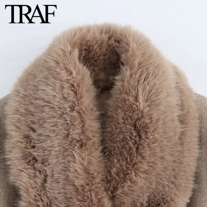 TRAF Wool Blend Elegant Long Coat Jackets Women Winter Removable Faux Fur Collar Belt  Warm French Chic Female Overcoat