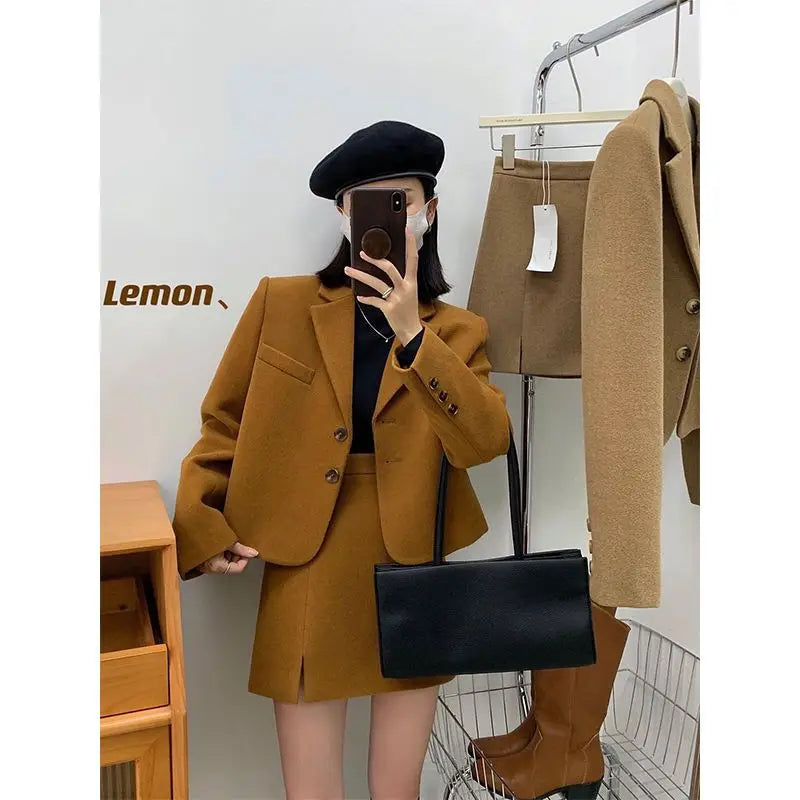 Woolen Suit Women Short Woolen Coat and Skirt Autumn Winter New Retro Korean Fashion Solid Temperament Two-piece Sets Trend