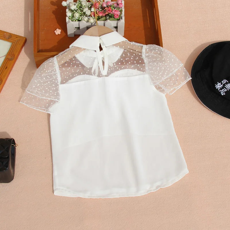 New Fashion Chiffon Blouse for Kids Girls Summer Children White Short Sleeve Shirts Teenage Turn-down Collar Lace Basic Tshirts