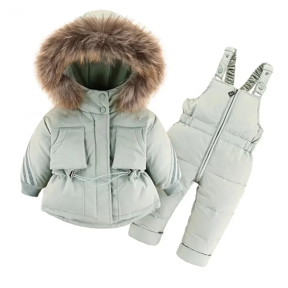 -30 Degree Down Jacket Jumpsuit Winter Overall for Children Clothes Set Baby Boy Parka Real Fur Girl Toddler Thick Warm Snowsuit