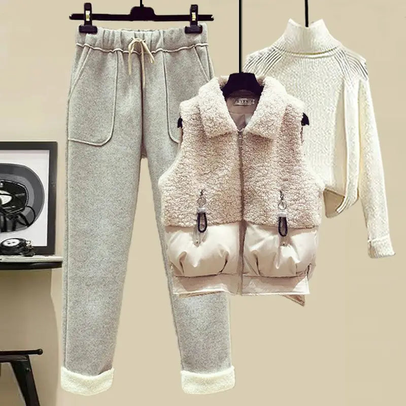 Autumn and Winter Women's Suit Lamb Wool Vest Thickened Cashmere Sweater High Waist Casual Woolen Trousers Three Piece Set